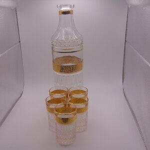 Set of One(1) Glass Bottle and Five(5) Shot Glasses with Gold Decoration